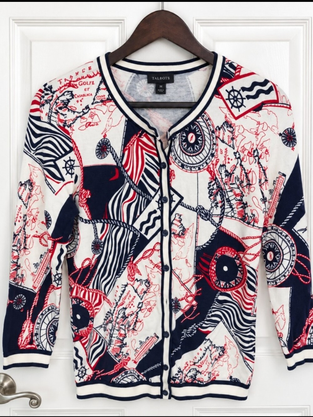 Talbots Sea Map Print Charming Nautical Button Up Cardigan No Size Tag See Meas